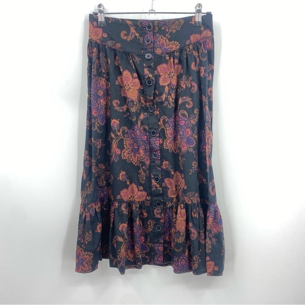 ModCloth Floral Button‎ front midi skirt black floral size 2
